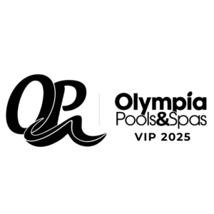A black and white logo for olympia pools & spas.